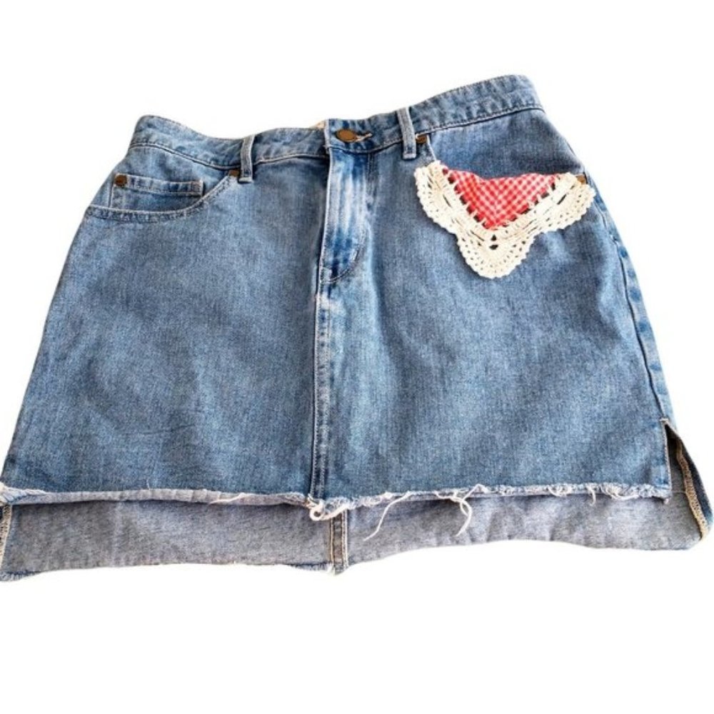 Reworked Denim Mini-Skirt, size Small (S), Hand-Embellished